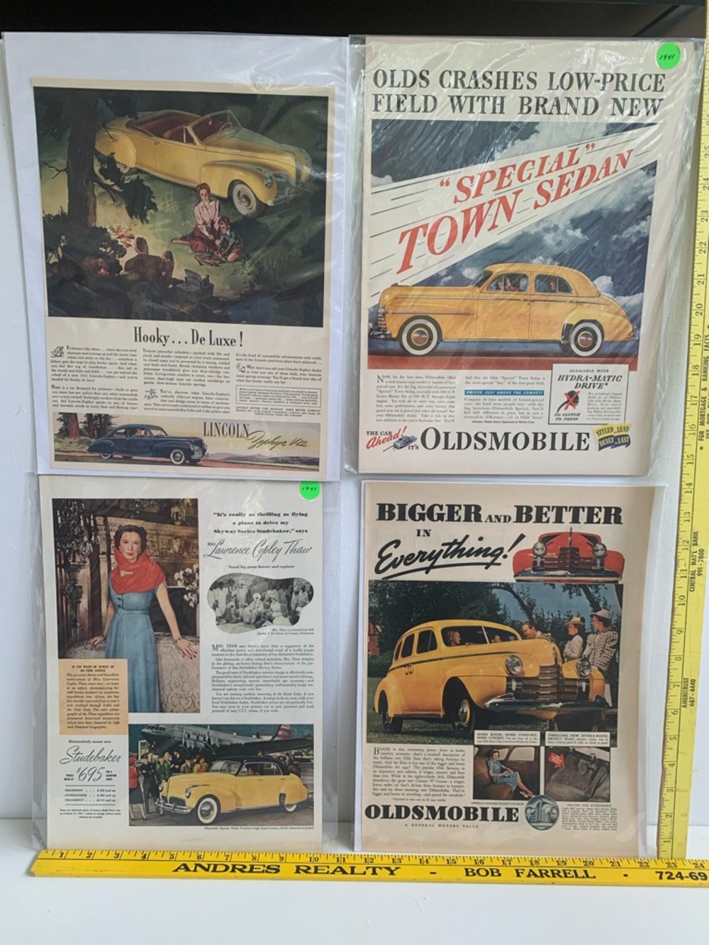 Vintage Yellow Oldsmobile Studebaker & Lincoln Advertisement Set